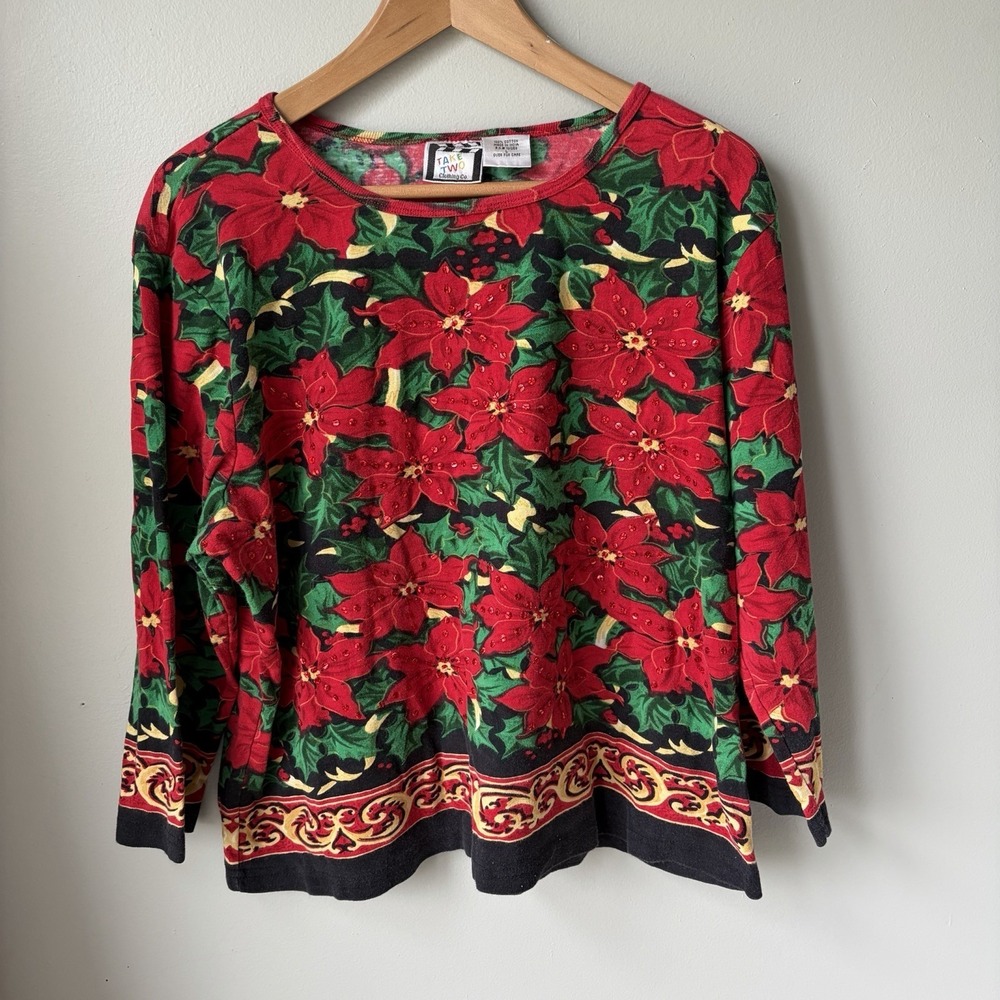 Vintage‎ TAKE TWO CLOTHING CO.  Women's Size Large POINSETTIA TOP Rhinestones